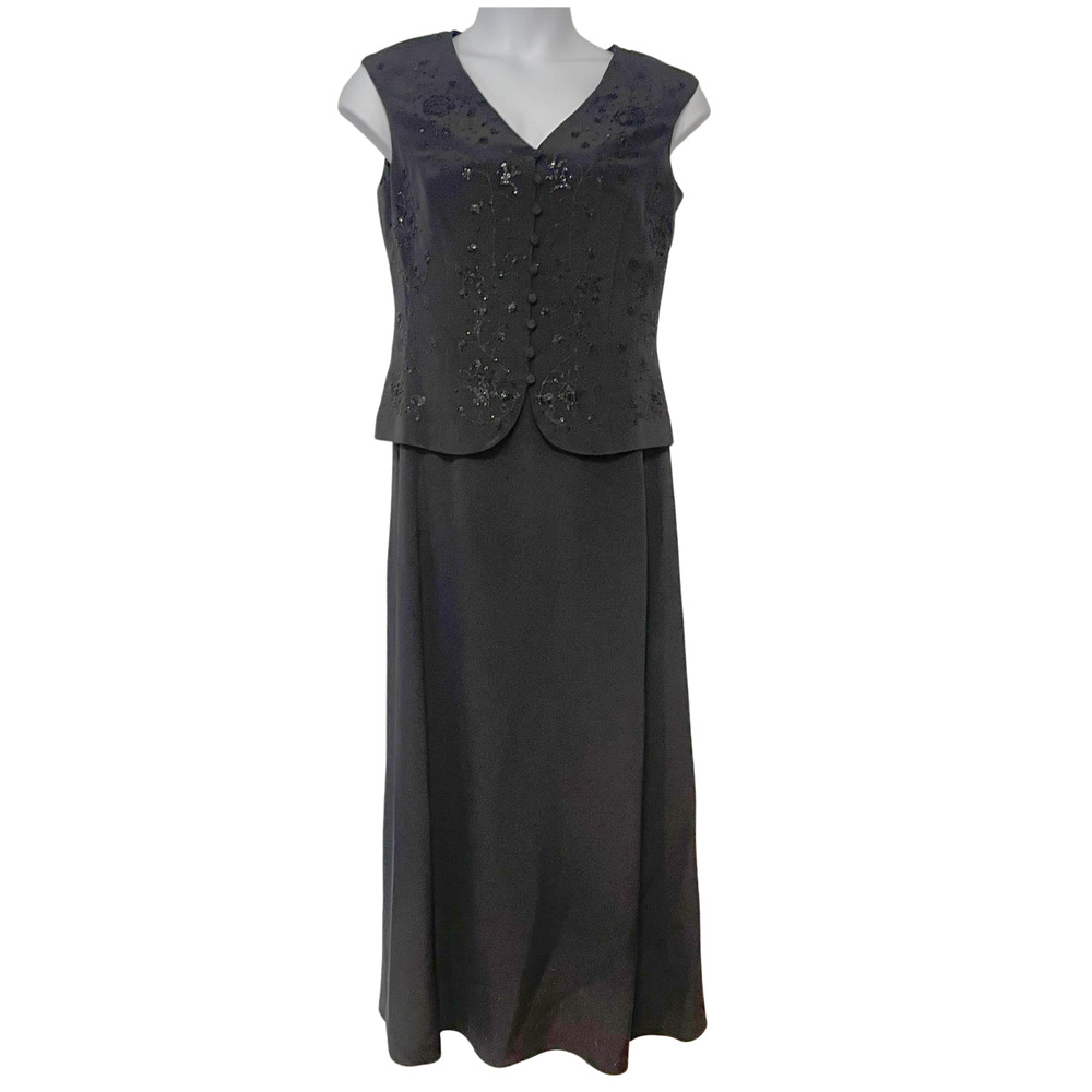 Talbots Sz 12 Evening Maxi Dress Vest Bodice Beaded Embroidery Black Silk Formal